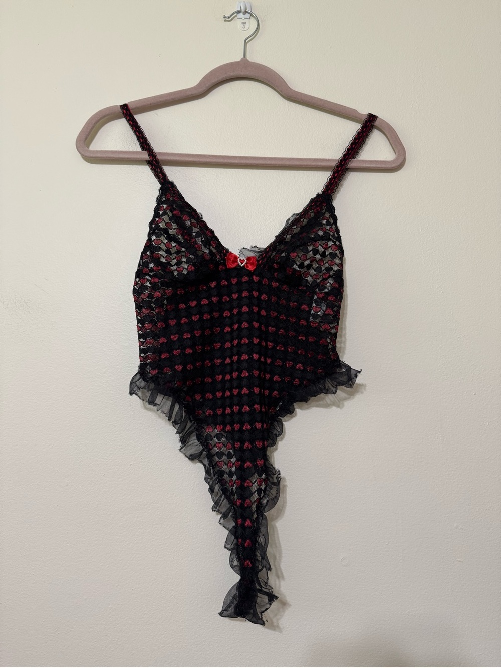 Vintage Shirley of Hollywood Sheer Black & Red Heart Lace High Cut Bodysuit